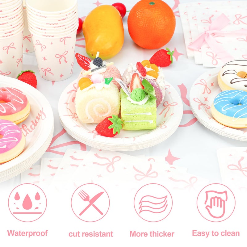 Maniaacer Pink Bow Birthday Party Supplies Pink Bow Tableware Set Coquette Birthday Decor Includes Paper Plates Napkins Cups Tablecloth Banner for Bachelorette Bridal Coquette Party Supplies, Serve 25 - Image 3