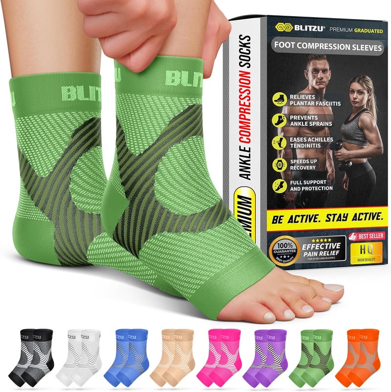 BLITZU Compression Socks for Plantar Fasciitis, Achilles Tendonitis, Arthritis Relief, Ankle Brace Compression Sleeve with Foot Arch Support, Ankle Wrap for Women, Men, Swelling & Heel Pain Green S-M - Image 1