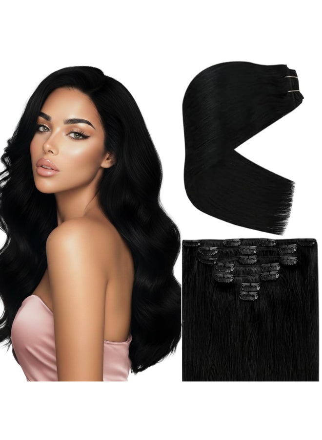 Ve Sunny Black Real Hair Extensions Clip in Human Hair 20 Inch Remy Clip in Hair Extensions for Women Jet Black Soft Double Weft 120g 7pcs - Image 2
