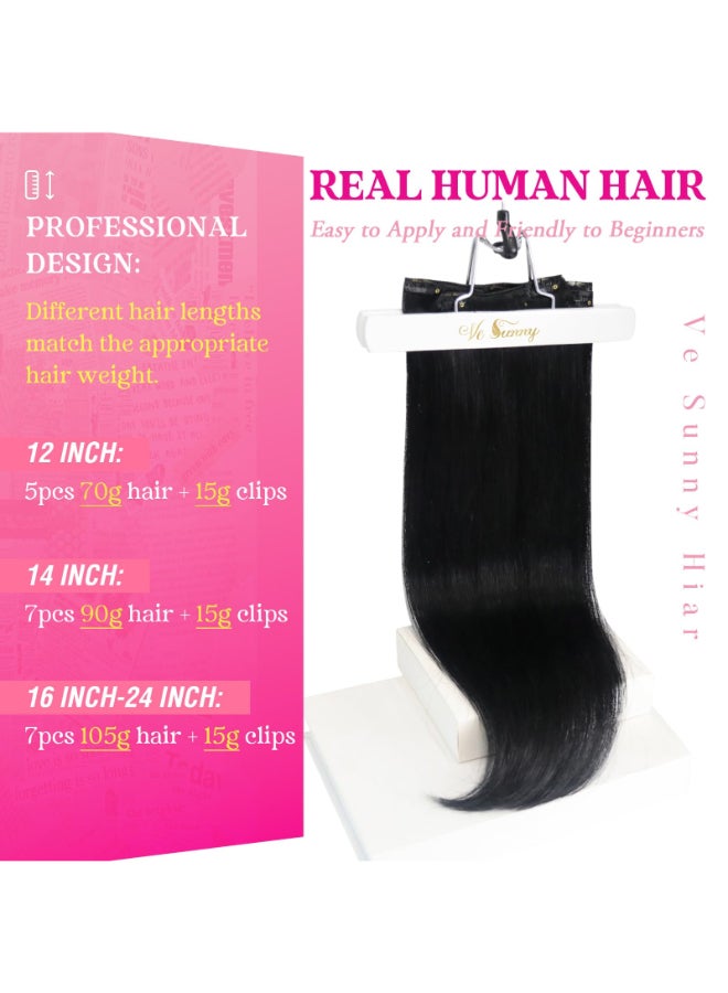 Ve Sunny Black Real Hair Extensions Clip in Human Hair 20 Inch Remy Clip in Hair Extensions for Women Jet Black Soft Double Weft 120g 7pcs - Image 4