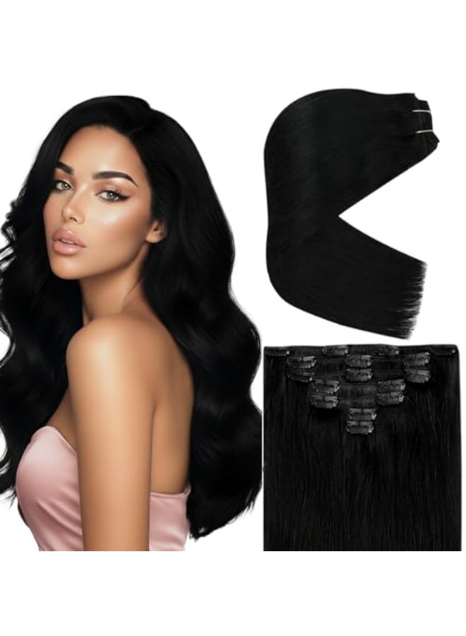 Ve Sunny Black Real Hair Extensions Clip in Human Hair 20 Inch Remy Clip in Hair Extensions for Women Jet Black Soft Double Weft 120g 7pcs - Image 1