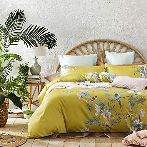 Eikei Exotic Modern Floral Print Bedding Birds Flowers Dusty Grey Design 100% Cotton Duvet Cover 3pc Set Hibiscus Blossom Branches in Muted Gray Blue (Queen, Citronelle Green) - Image 1