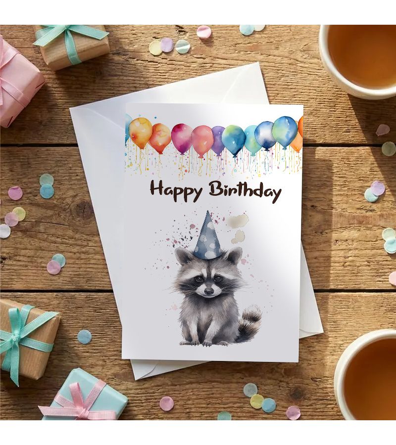 بطاقة عيد ميلاد باللون الأزرق الداكن، راكون لطيف مع قبعة حفلة وبالونات، قابلة للطي مع ظرف - Image 2