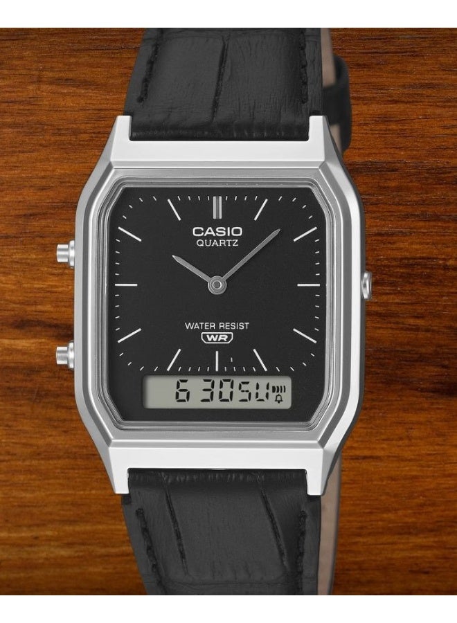CASIO Vintage Analog‑Digital Unisex Watch AQ‑230EL‑1A, 38.8mm Black Dial, Chrome‑Plated Resin Case & Black Leather Strap, Water‑Resistant - Image 1