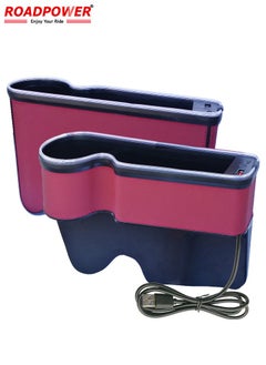 RoadPower 2 Pieces Car Seat Storage Box, Leather Car Storage Box with 7-Colour LED Litgh, Car Seat Organizer with 2 Charging Ports, Car Seat Gap Filler for Car Storage (Maroon)  - Image 1