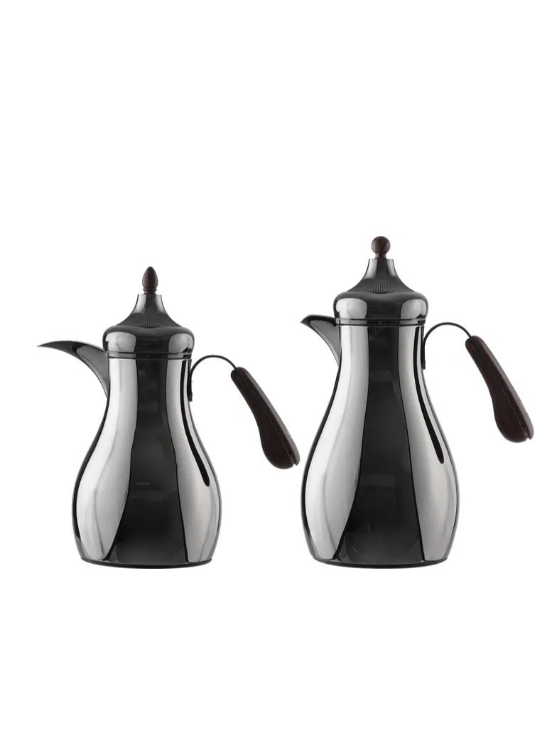 Alsaif Gallery Al Saif Gallery Sama Thermos Set, 0.7/1 Liter, 2 Pieces, Inner Glass Container, Stainless Steel Outer Body - Glossy Black - Image 1