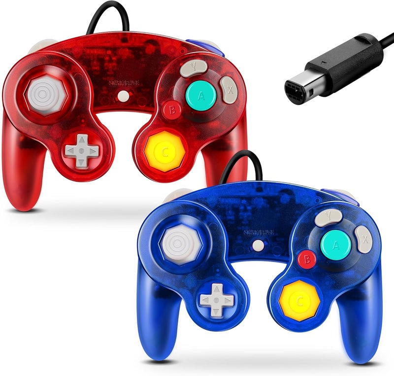 FIOTOK Gamecube Controller, Classic Wired Controller for Wii Nintendo Gamecube (Clear Red & Clear Blue -2Pack) - Image 1