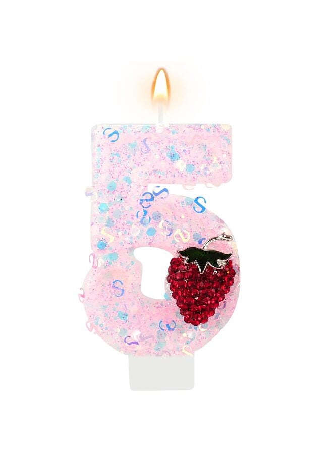 Strawberry birthday candles, pink number candles, cake decorations, cupcake decorations, berry-themed party decorations for girls, ladies, and anniversary celebrations (number 5). - Image 1