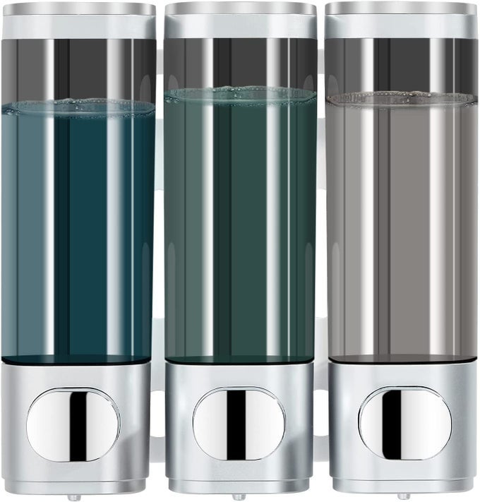 SHAMPOO AND CONDITIONER DISPENSER SHOWER DISPENSER 3 CHAMBER NO DRILL SHAMPOO DISPENSER FOR SHOWER WALL MOUNTED CONDITIONER BODY WASH LIQUID SOAP FOR BATHROOMLARGE CAPACITYSILVER