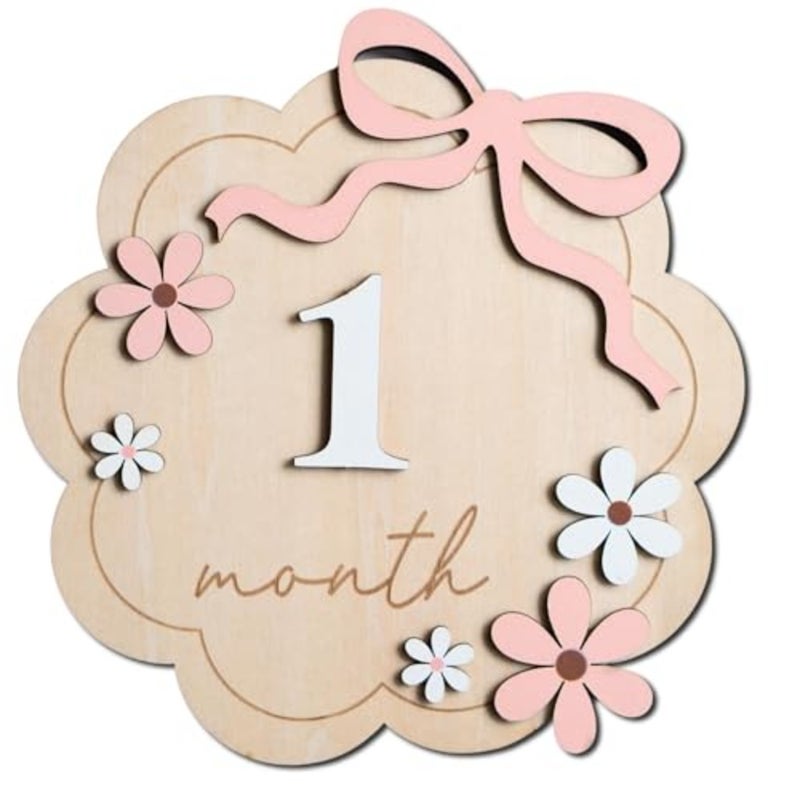 Joyzzz 3D Baby Monthly Milestone Sign, Wooden Daisy Bohemian 12 Months Growth Recording, Double Sided Basswood Newborn Photography Props, Floral Announcement Circle for Girls First Year - Image 1