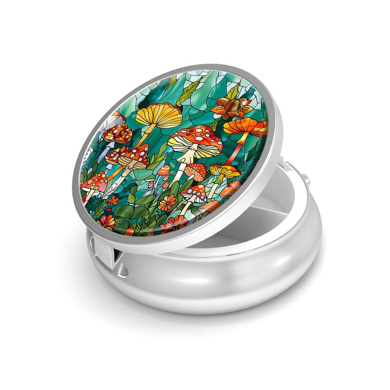 VANCANYOHO Pill Box-3 Compartment Small Pill Case for Purse & Pocket Mini Metal Pill Holder Travel Pill Container to Hold Supplements Vitamins BPA-Free (Mushroom Forest) - Image 1
