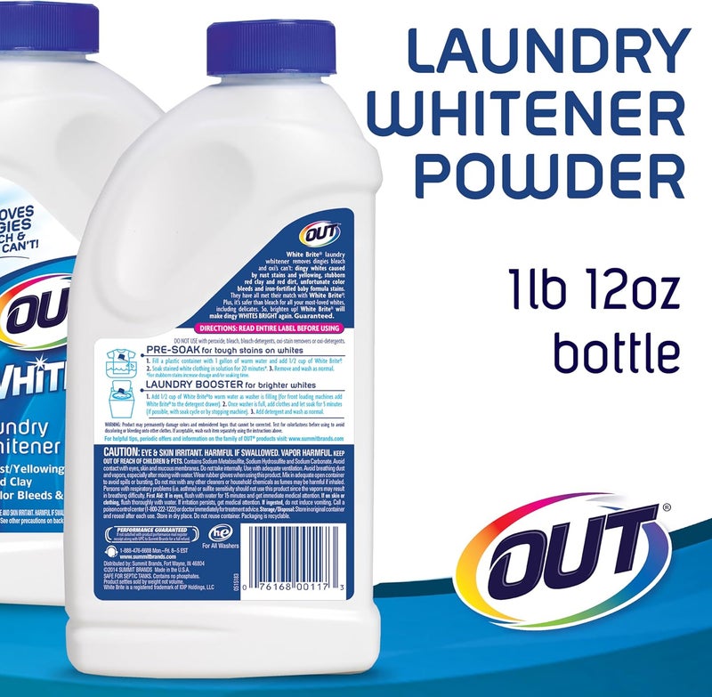 OUT White Brite Laundry Whitener Powder, Stain Remover Detergent Booster for Clothes, Removes Red Clay and Rust Stains on White Clothing and Uniforms, 28 Ounce - Pack of 2 - Image 1