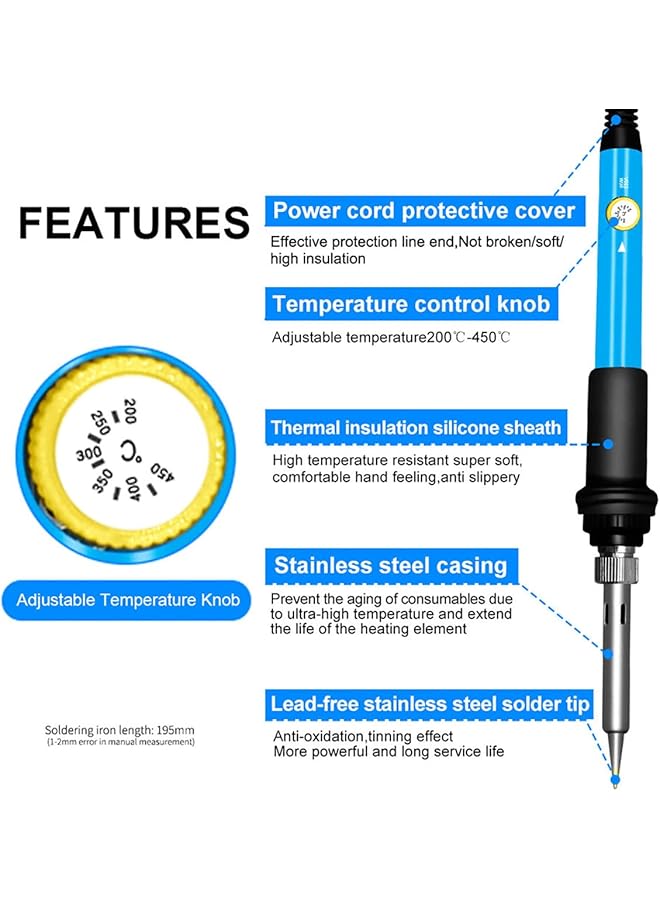 إيروريكس مكواة لحام قابلة للتعديل بمقبس المملكة المتحدة 220 فولت 60 وات أداة لحام إلكترونية بدرجة حرارة قابلة للتعديل 200-450 درجة مئوية مناسبة للحام لوحات الدوائر الكهربائية وإصلاح الأجهزة الكهربائية بنفسك ولحام المجوهرات - Image 4