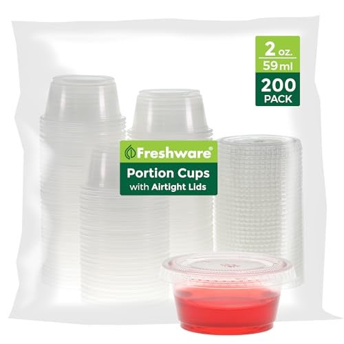 Freshware Plastic Portion Cups with Lids [2 Ounce, 200 Sets] Disposable Plastic Cups for Meal Prep, Salad Dressing, Jellos Shot Cups, Souffle Cups, Condiment and Dipping Sauce Cups - Image 1