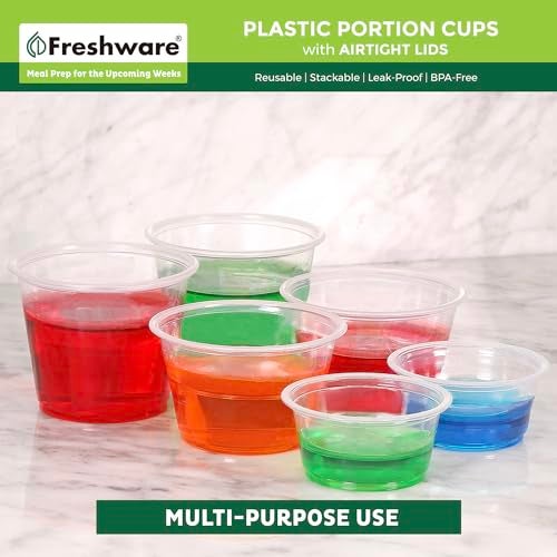 Freshware Plastic Portion Cups with Lids [2 Ounce, 200 Sets] Disposable Plastic Cups for Meal Prep, Salad Dressing, Jellos Shot Cups, Souffle Cups, Condiment and Dipping Sauce Cups - Image 2