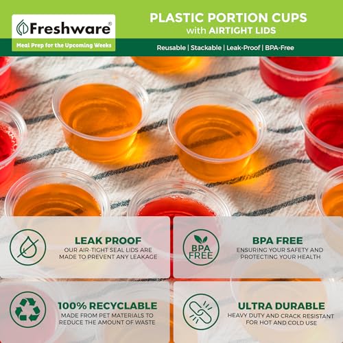 Freshware Plastic Portion Cups with Lids [2 Ounce, 200 Sets] Disposable Plastic Cups for Meal Prep, Salad Dressing, Jellos Shot Cups, Souffle Cups, Condiment and Dipping Sauce Cups - Image 3