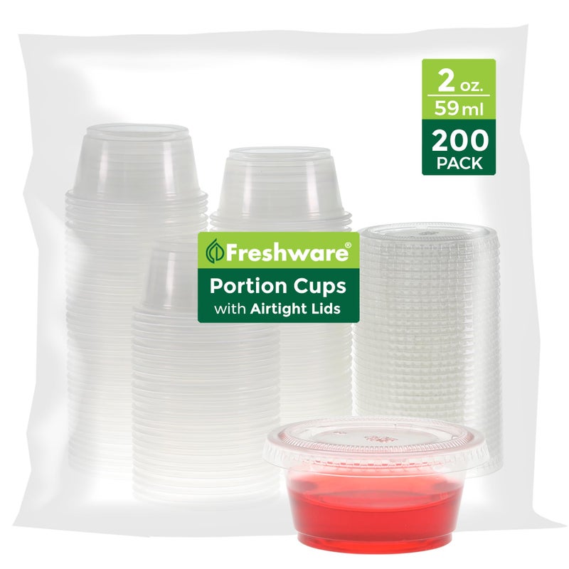 Freshware Plastic Portion Cups with Lids [2 Ounce, 200 Sets] Disposable Plastic Cups for Meal Prep, Salad Dressing, Jellos Shot Cups, Souffle Cups, Condiment and Dipping Sauce Cups - Image 5