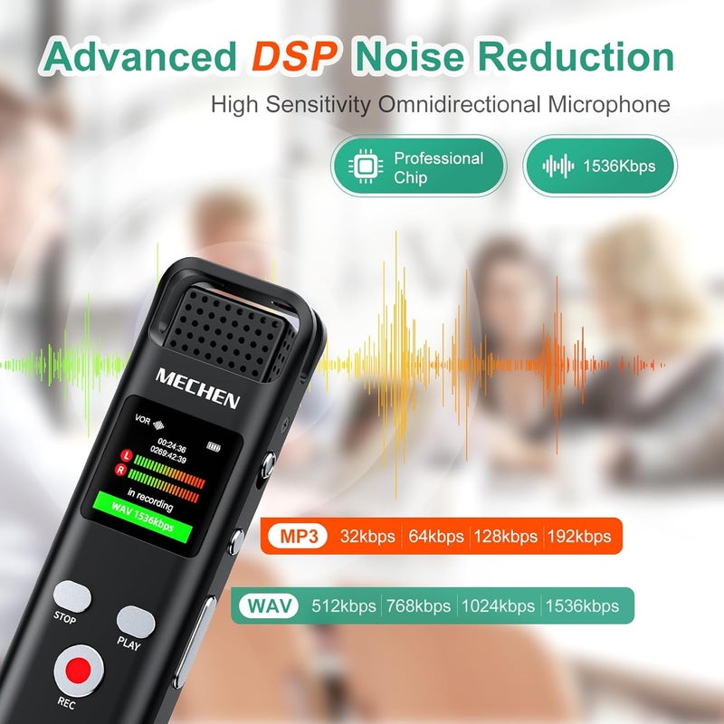 MECHEN Voice Recorder with Voice Activation - 64GB Digital Dictaphone, 7 Level Sensitivity Noise Reduction, USB C, 1536kbps, Music Playback, Microphone, Password, Ideal for Lectures Meetings Classes - Image 2