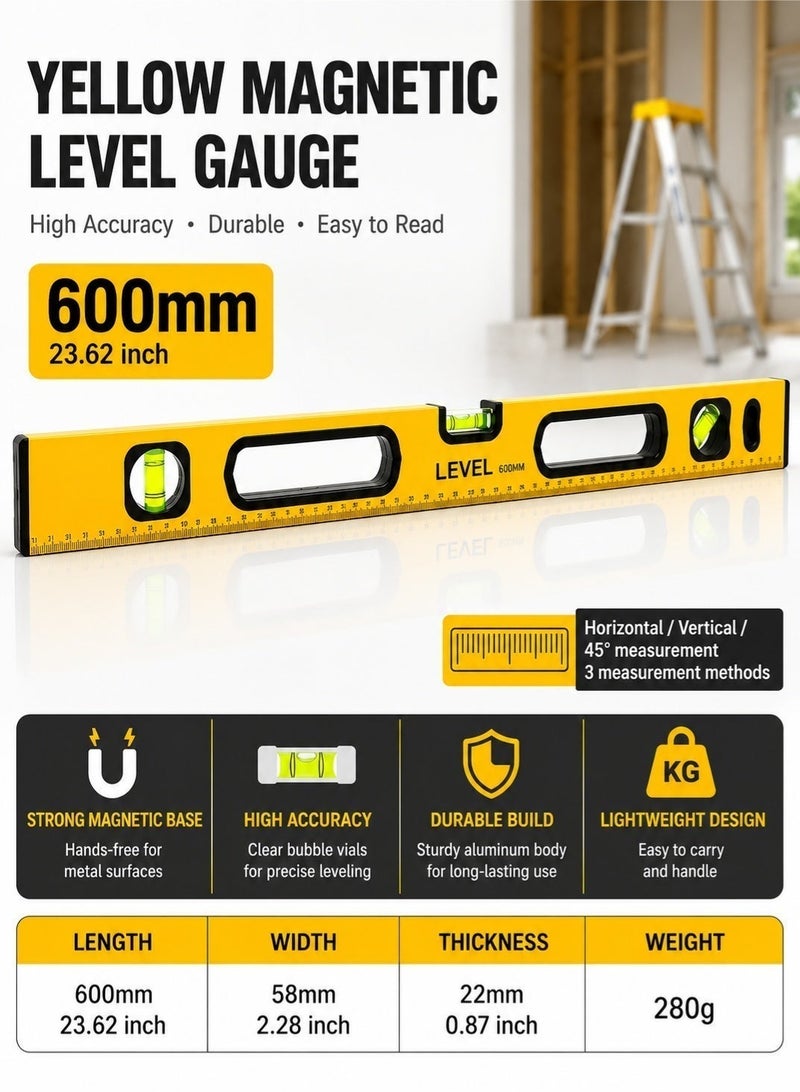 LOOPITYS 60cm Magnetic Spirit Level, High-Precision Bubble Level with Thick Rubber End Caps, Clear Digital Scale, Durable Measuring and Marking Tool for Decoration Work - Image 3