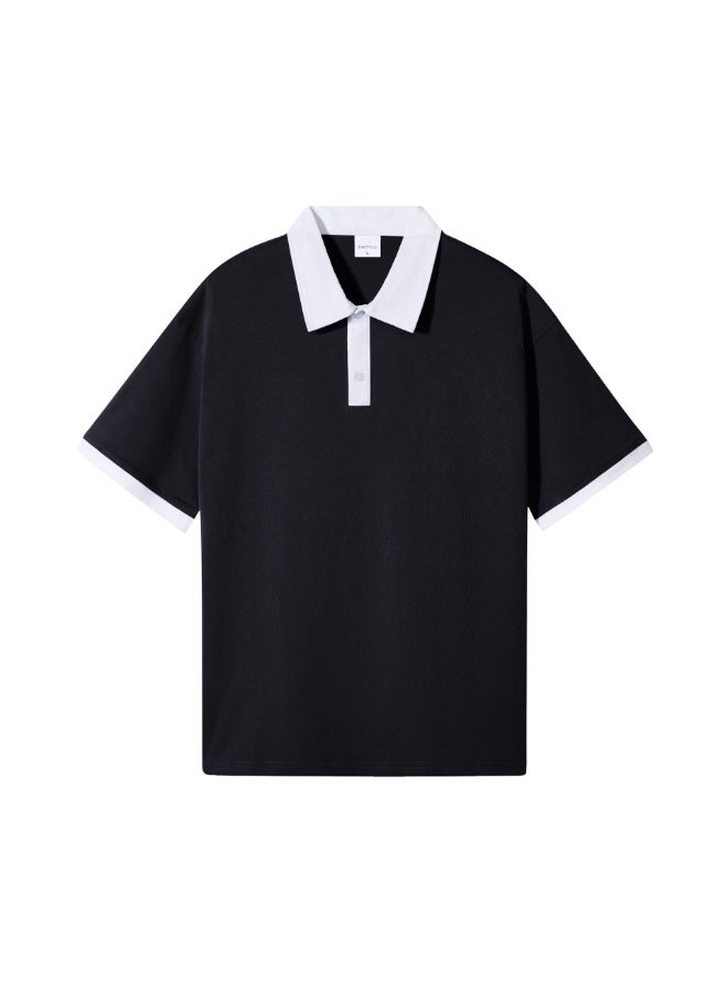 Loose Fit Men's Polo Shirt Double Thread Cotton Casual Short Sleeve T-Shirt Color Block Collar Design  - Image 1