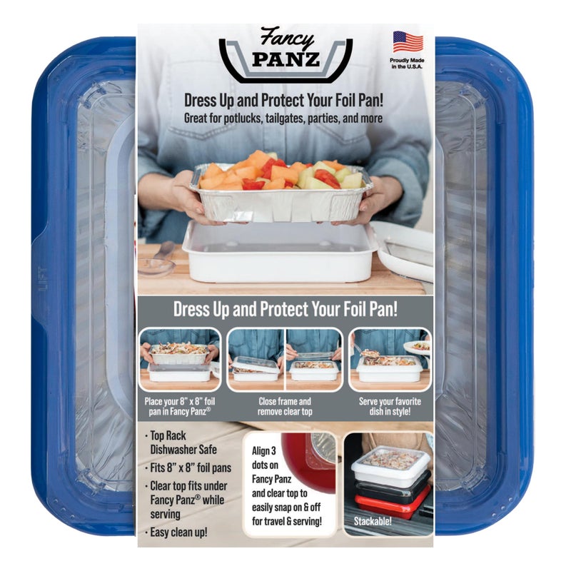 Fancy Panz Serving Tray for Food Made in the USA Foil Pan Carrier Stackable Aluminum Pan Holders 8x8 Travel Casserole Carrier With 1 Disposable Foil Pan  Serving Spoon Denim Blue