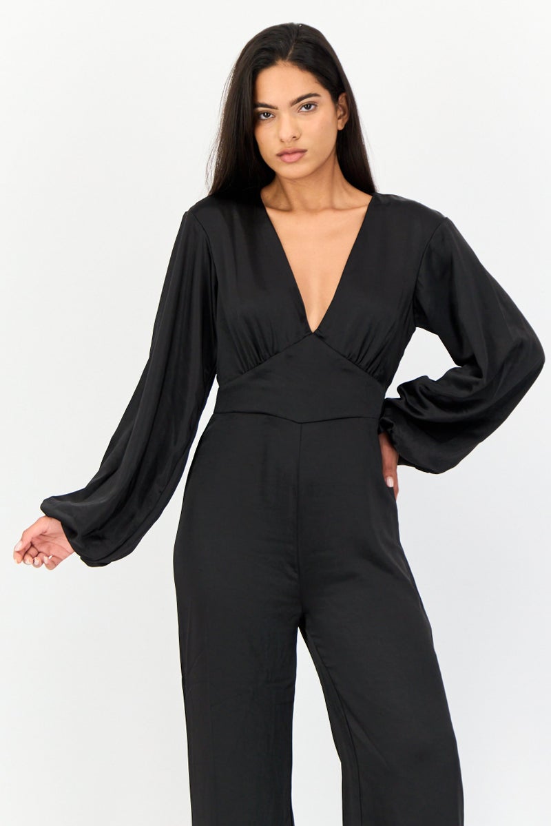 Archive Design Studio Women Plain Puff Sleeve Jumpsuit, Black  - Image 2