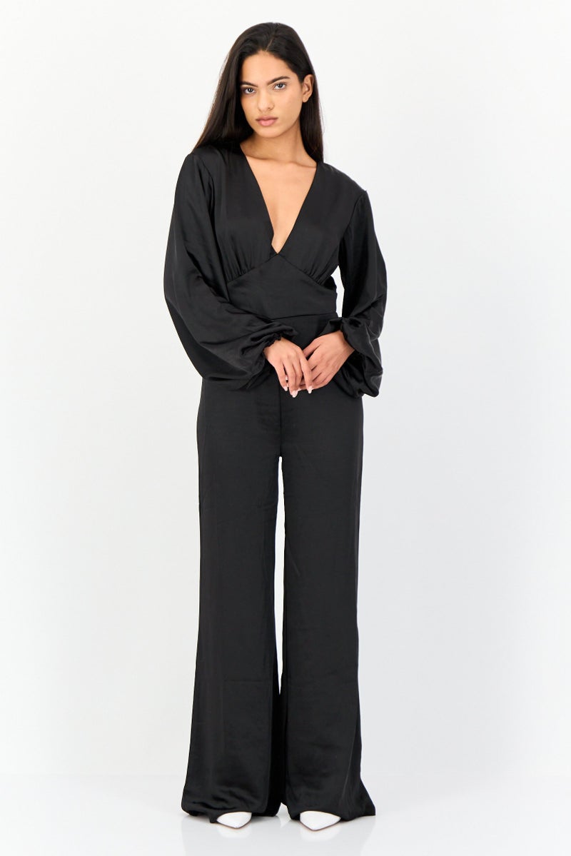 Archive Design Studio Women Plain Puff Sleeve Jumpsuit, Black  - Image 1