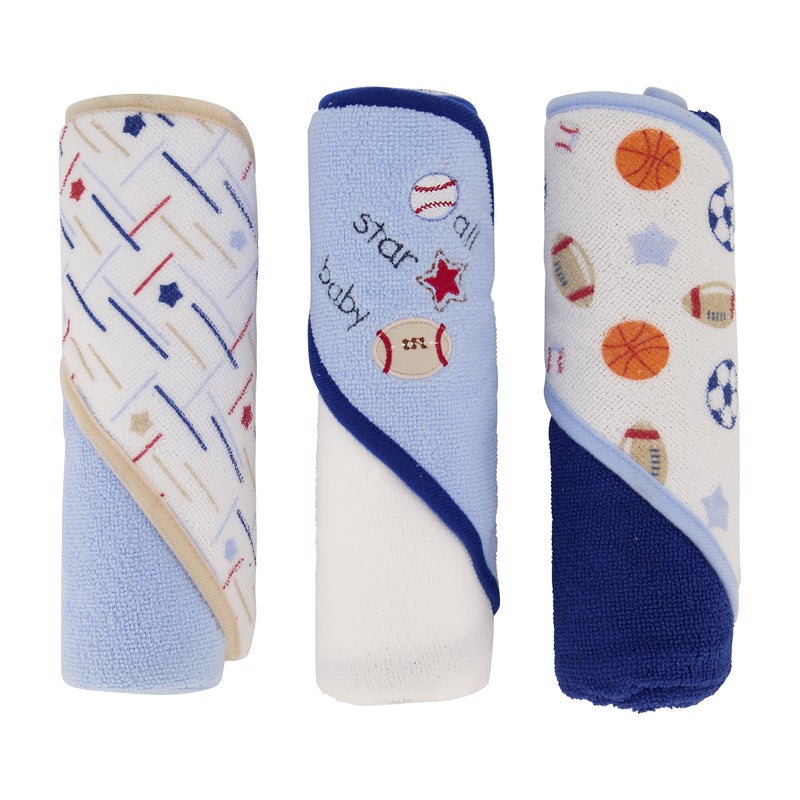 Cudlie Buttons & Stitches Baby Boy 3 Pack Rolled/Carded Hooded Towels in All Star Baby Print (GS71720),3 Count (Pack of 1) - Image 1