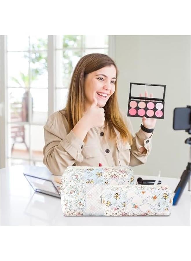 2Pcs Cotton Quilted Makeup Bag for Women Girls Coquette Small Floral Cosmetic Bags Cute Zipper Pencil Pouch Aesthetic Makeup Pouch Trendy Cloth Bee&Flower Travel Toiletry Skincare Bag - Image 2