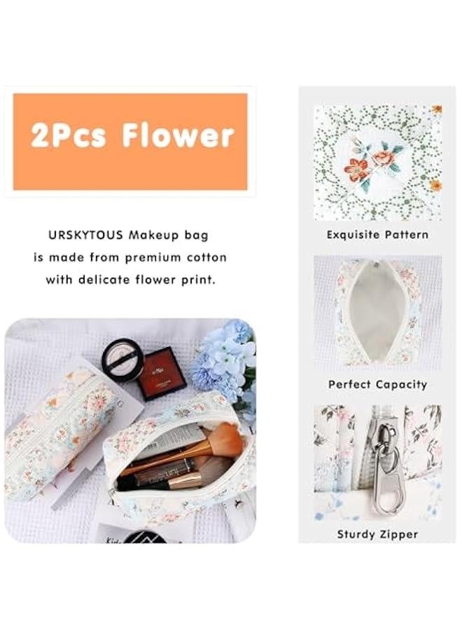 2Pcs Cotton Quilted Makeup Bag for Women Girls Coquette Small Floral Cosmetic Bags Cute Zipper Pencil Pouch Aesthetic Makeup Pouch Trendy Cloth Bee&Flower Travel Toiletry Skincare Bag - Image 4