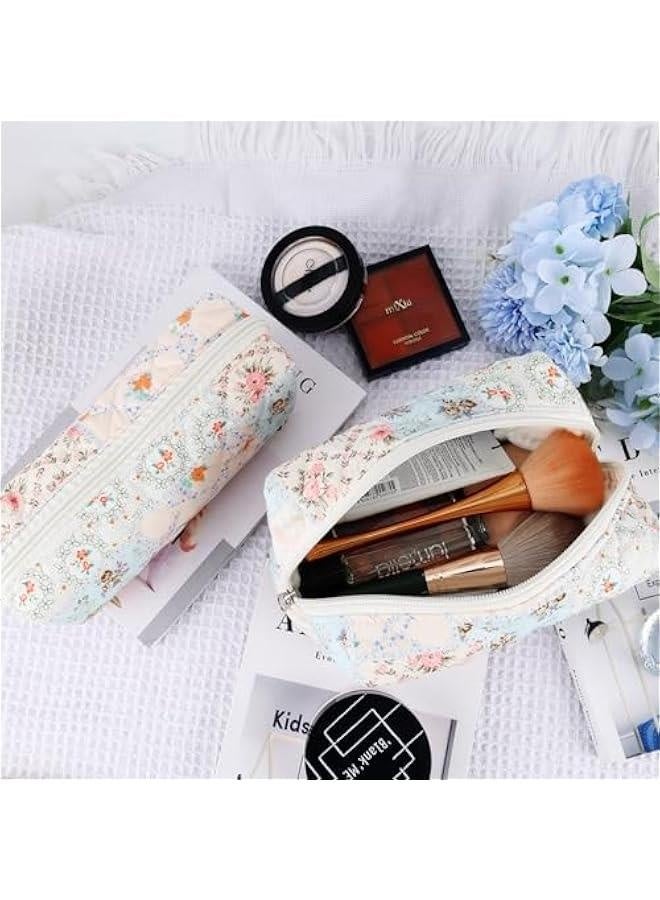 2Pcs Cotton Quilted Makeup Bag for Women Girls Coquette Small Floral Cosmetic Bags Cute Zipper Pencil Pouch Aesthetic Makeup Pouch Trendy Cloth Bee&Flower Travel Toiletry Skincare Bag - Image 3