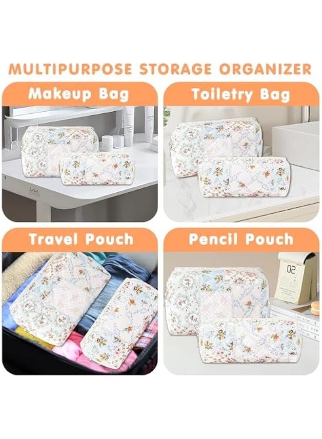 2Pcs Cotton Quilted Makeup Bag for Women Girls Coquette Small Floral Cosmetic Bags Cute Zipper Pencil Pouch Aesthetic Makeup Pouch Trendy Cloth Bee&Flower Travel Toiletry Skincare Bag - Image 5