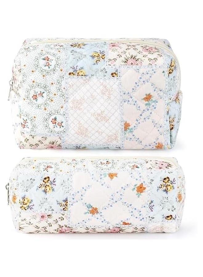 2Pcs Cotton Quilted Makeup Bag for Women Girls Coquette Small Floral Cosmetic Bags Cute Zipper Pencil Pouch Aesthetic Makeup Pouch Trendy Cloth Bee&Flower Travel Toiletry Skincare Bag - Image 1
