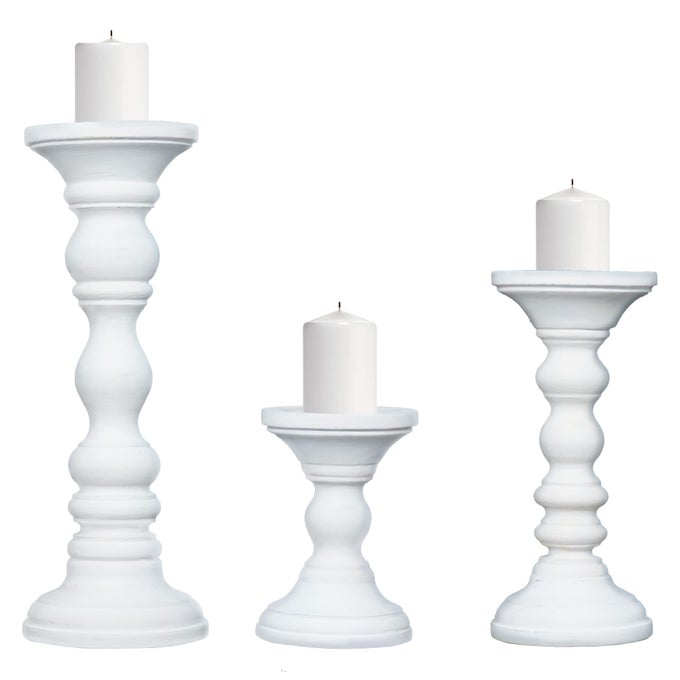 MATTE WHITE HAND CARVED WOODEN PILLAR CANDLE HOLDERS SET OF 3 WILLOW DECORATIVE STYLE CRAFTED FROM MANGO WOOD RUSTIC TABLE CENTERPIECE DECOR SIZED 6 9 AND 12