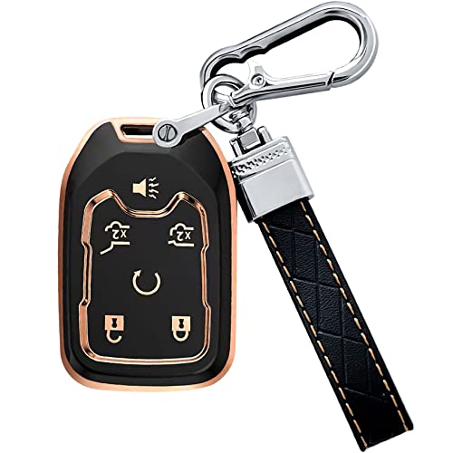 artapek Key Fob Cover Compatible with Chevy Tahoe Suburban GMC Yukon Car Accessories with Keychain 6 Button Key Shell Case TPU (Black) - Image 1