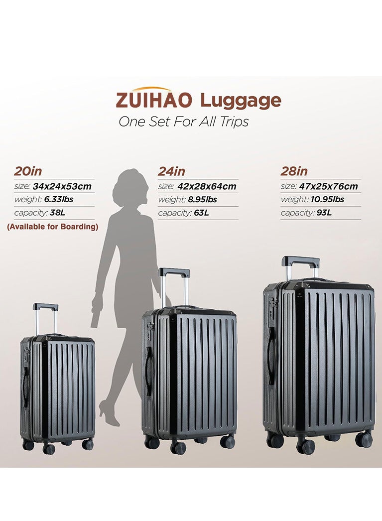 زويهاو مجموعة حقائب سفر ZUIHAO ذات العجلات الصلبة المكونة من 3 قطع - 20/24/28 بوصة من ABS+PC مع قفل TSA، مجموعات حقائب سفر متينة وخفيفة الوزن للعائلة باللون الأسود  - Image 4