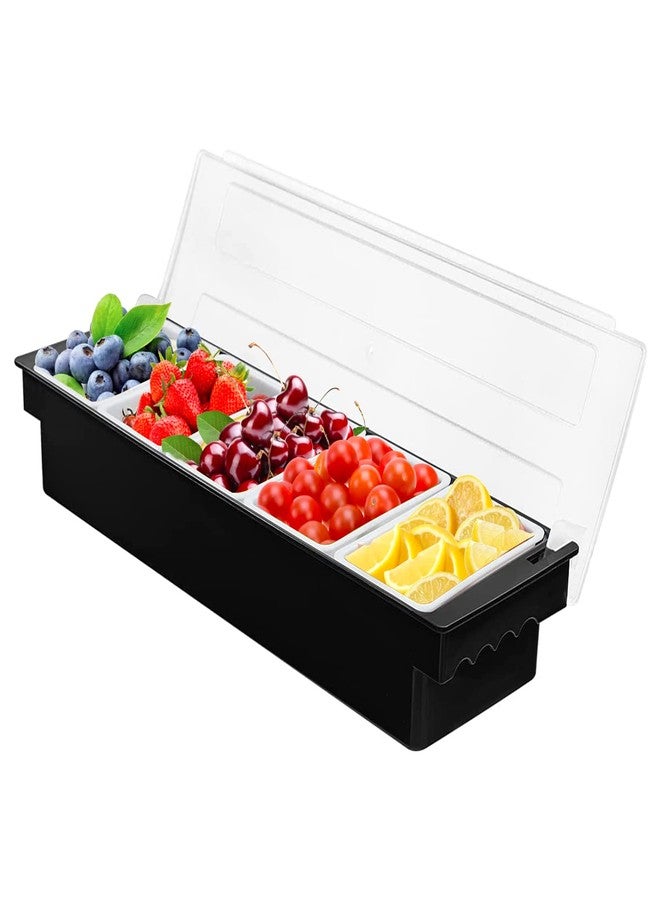 FEOOWV 5 Compartment Plastic Dispenser Fruit Veggie Condiment Caddy with Lid，Ice Cooled Condiment Serving Container Chilled Garnish Tray Bar Caddy for Home Work or Restaurant (Black) - Image 1