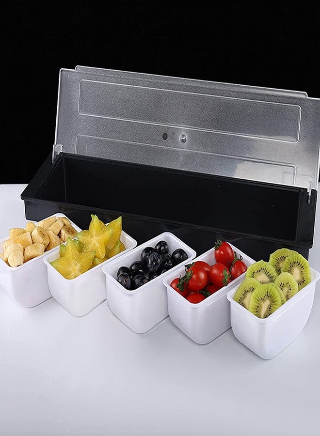 FEOOWV 5 Compartment Plastic Dispenser Fruit Veggie Condiment Caddy with Lid，Ice Cooled Condiment Serving Container Chilled Garnish Tray Bar Caddy for Home Work or Restaurant (Black) - Image 3