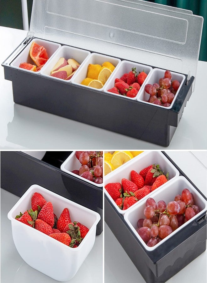 FEOOWV 5 Compartment Plastic Dispenser Fruit Veggie Condiment Caddy with Lid，Ice Cooled Condiment Serving Container Chilled Garnish Tray Bar Caddy for Home Work or Restaurant (Black) - Image 5