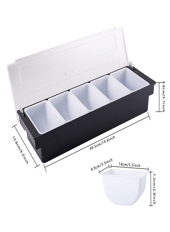 FEOOWV 5 Compartment Plastic Dispenser Fruit Veggie Condiment Caddy with Lid，Ice Cooled Condiment Serving Container Chilled Garnish Tray Bar Caddy for Home Work or Restaurant (Black) - Image 2