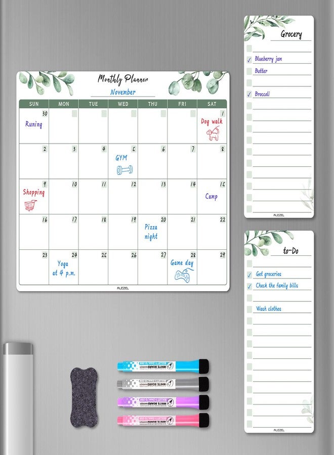 ALEZEL Magnetic Dry Erase Calendar for Fridge, Refrigerator Calendar Whiteboard Set - Magnetic Dry Erase Monthly Planner with 2 List Boards, 4 Markers + Eraser, Greenery - Image 1