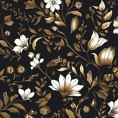 BOKEBEVE Peel and Stick Wallpaper,Yellow Black and Gold Wallpaper,Vintage Leaf Wall Paper,Removable Floral Wall Paper for Backsplash Shelf Drawer Liner Accent Kitchen 17.5 x 393.5In - Image 1