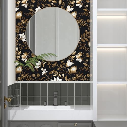 BOKEBEVE Peel and Stick Wallpaper,Yellow Black and Gold Wallpaper,Vintage Leaf Wall Paper,Removable Floral Wall Paper for Backsplash Shelf Drawer Liner Accent Kitchen 17.5 x 393.5In - Image 3