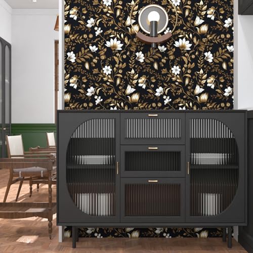 BOKEBEVE Peel and Stick Wallpaper,Yellow Black and Gold Wallpaper,Vintage Leaf Wall Paper,Removable Floral Wall Paper for Backsplash Shelf Drawer Liner Accent Kitchen 17.5 x 393.5In - Image 2