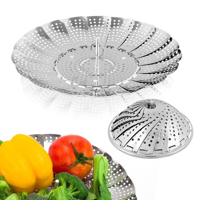 VEGETABLE STEAMER BASKET PREMIUM STAINLESS STEEL VEGGIE STEAMER BASKET FOLDING EXPANDABLE STEAMERS TO FITS VARIOUS SIZE POT SMALL BY 54 TO 92