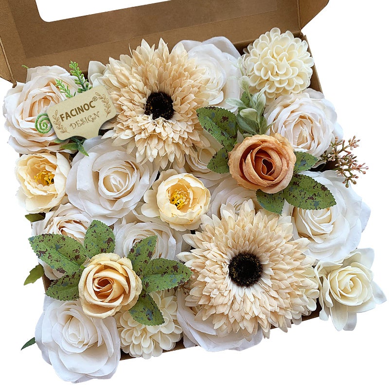 FACINOC Roses Artificial Flowers White Combo Box Set Fake Flower Bulk with Stems for DIY Bridal Wedding Shower Decorations Faux Floral Arrangements for Party Table Centerpieces Home Decor Indoor