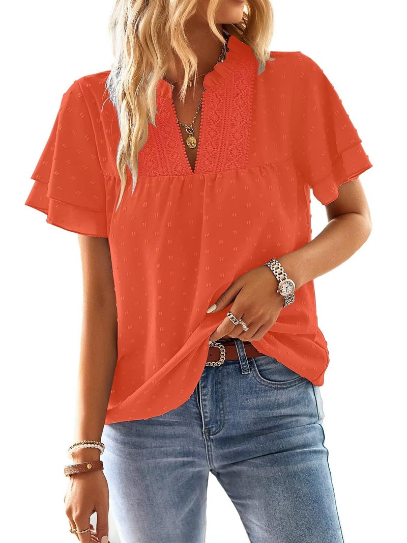 Falechay Womens Summer Tops Sexy V Neck Blouses for Women Dressy Casual Cute Going Out Short Sleeves Shirt Elegant Ruffle Sleeve Swiss Dot Top Bohemian Teacher Shirts Peasant Shirt Bright Orange L - Image 1