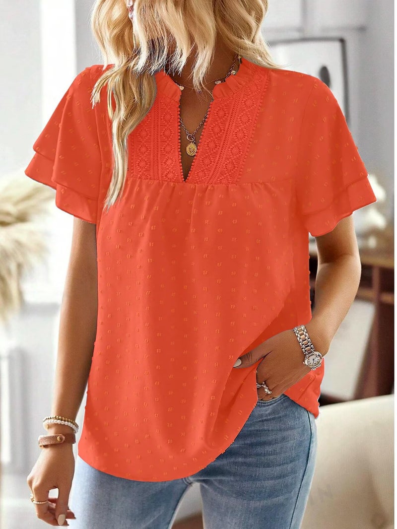 Falechay Womens Summer Tops Sexy V Neck Blouses for Women Dressy Casual Cute Going Out Short Sleeves Shirt Elegant Ruffle Sleeve Swiss Dot Top Bohemian Teacher Shirts Peasant Shirt Bright Orange L - Image 2