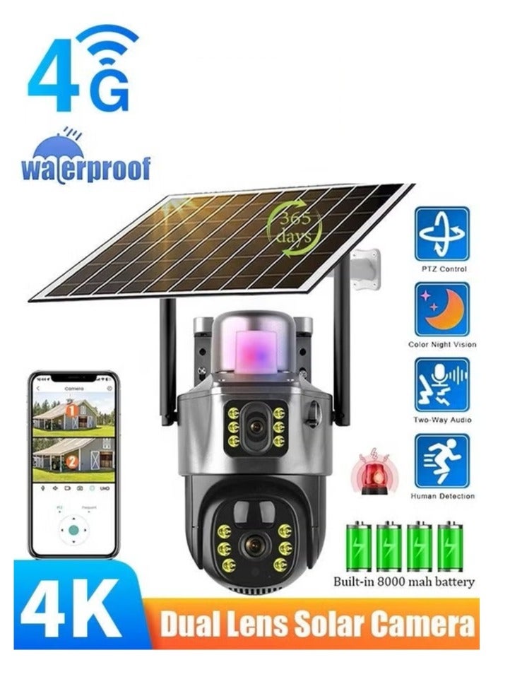 Generic 4K 8MP Solar Camera 4G Sim PTZ Cameras，Security Camera，CCTV Camera，Outdoor Dual Lens IP Camara Solar Panel CCTV Security Built in Battery PIR Cam  - Image 1