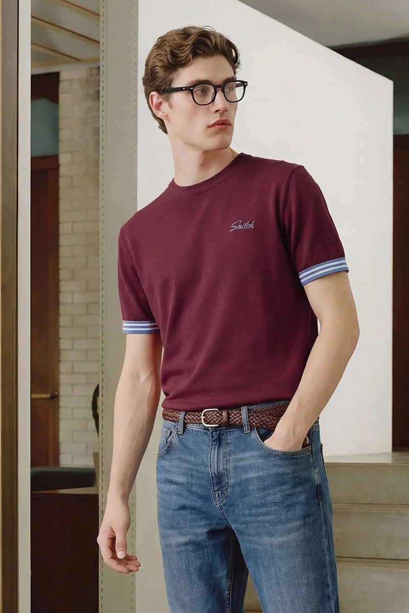 SNITCH  Burgundy Solid Half Sleeve Regular Fit Casual T-Shirt for Men | Best Price UAE